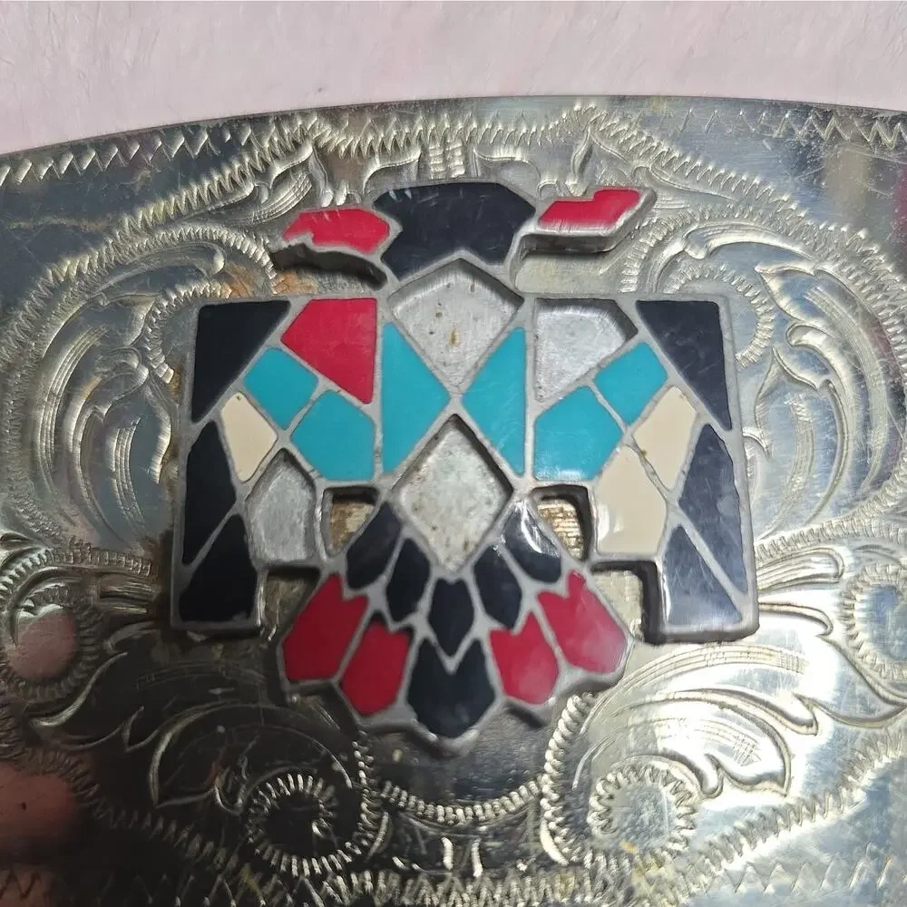 Vintage Frontier Buckles Thunderbird Belt Buckle Nickel Silver Multicolored Inla